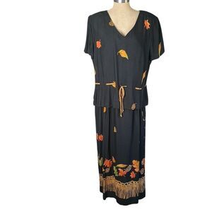 Sheri Martin Vintage Maxi Dress Womens Sz 14 Black Leaf Pattern USA